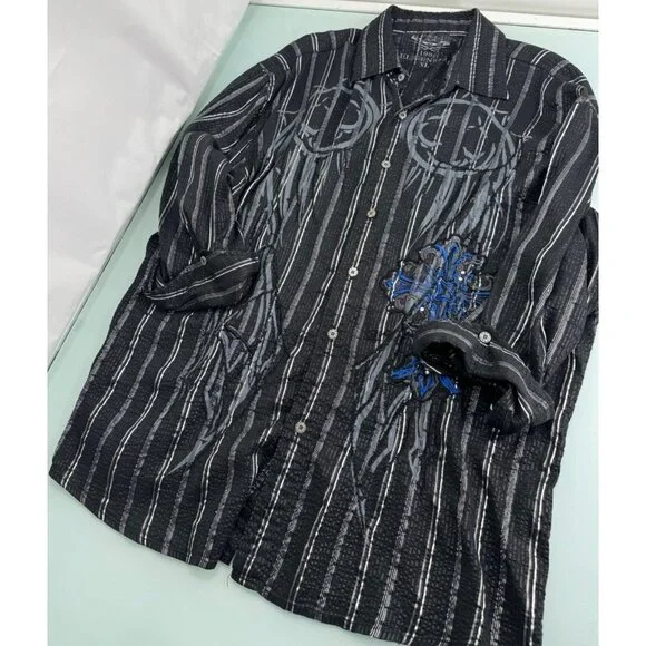 VTG Men Shirt Y2K Semi Sheer Metallic Embroidered Cross 3/4 Sleeve Bling Goth XL - Picture 4 of 8